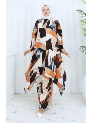 Viskon Kumaş Tunik Pantolon Ikili Takım 2140-02 Kahverengi