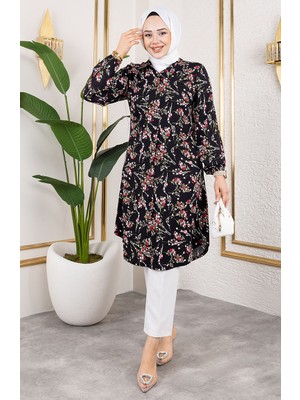 Asel Çiçekli Viskon Tunik 0174-05 Siyah