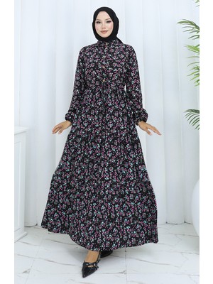 Yarım Düğmeli Beli Bağcıklı Elbise 0139-01 Siyah