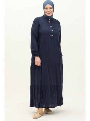 Büyük Beden Viskon Elbise 4068-04 Lacivert