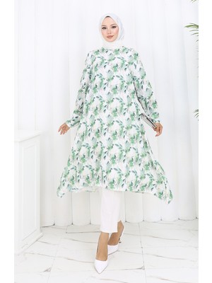 Sefa Merve Desenli Krep Tunik 1014-03 Yeşil