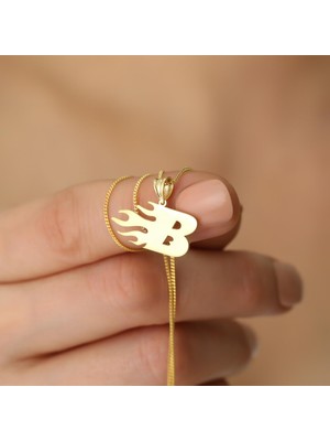 Nox Jewelry 925 Ayar Gümüş Altın Kaplama Alev Detaylı Harf Kolye – Kişiye Özel - CN00101