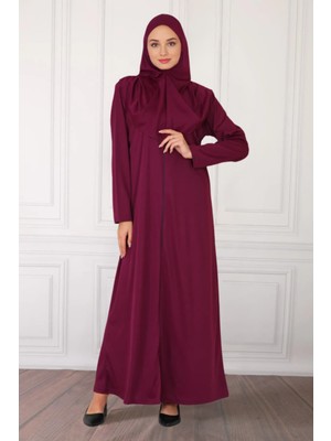 Fermuarlı Tek Parça Kaymaz Başörtülü Pratik Namaz Elbisesi