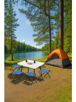 Exent 45X60 cm Kamp Sehpası + 4 Adet Mavi Tabure Piknik, Bahçe Balkon Sehpası Katlanır Sehpa-B-4m