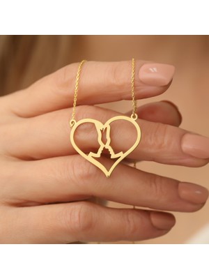 Nox Jewelry 925 Ayar Gümüş Altın Kaplama Çift Silüetli Kalp Kolye – Sevgiliye Özel Romantik Hediye - CN00102