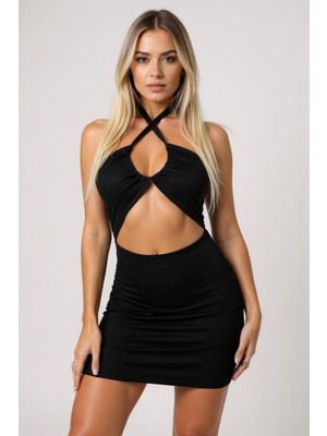 Kadın Siyah Sırt ve Göğüs Dekolteli Boyundan Bağlamalı Gecelik