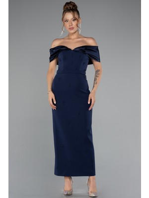 Kayık Yaka Taşlı Midi Büyük Beden Davet Elbisesi ABK2379