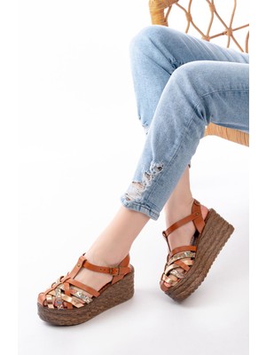 684-02 Taba Garni Ortopedik Hakiki Deri Dolgu Kadın Sandalet