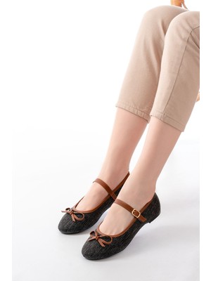 6321 Siyah Keten Günlük Baret Tokalı Bayan Babet