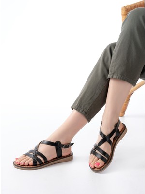 205-05 Siyah Ortopedik Hakiki Deri Kadın Sandalet