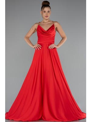 Zincir Askılı Göğüs Drapeli Uzun Saten Abiye ABU5146