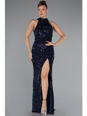 Halter Yaka Bacak Dekolteli Uzun Pullu Abiye ABU5135