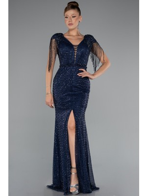 Bacak Dekolteli Uzun Taşlı Özel Tasarım Abiye ABU5132