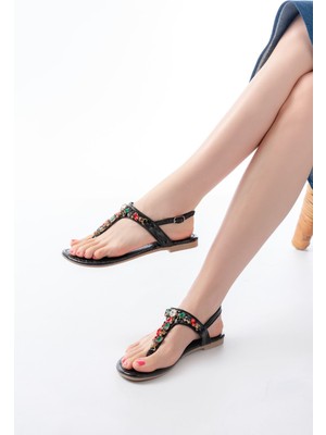 152-1110 Siyah Multi Cam Kırığı Taşlı Parmak Arası Kadın Sandalet