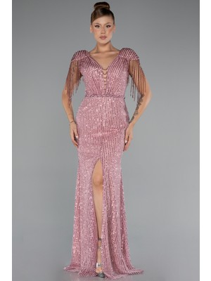 Bacak Dekolteli Uzun Taşlı Özel Tasarım Abiye ABU5132