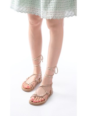 1001-1001 Rose  Bilekten Bağcıklı Kadın Sandalet