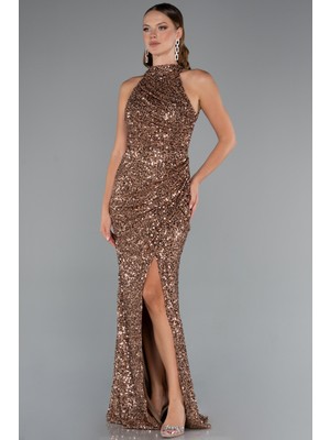 Halter Yaka Bacak Dekolteli Uzun Pullu Abiye ABU5135