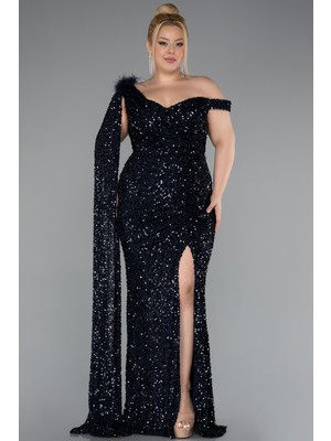 Tek Omuz Yırtmaçlı Uzun Pullu Büyük Beden Abiye ABU5151