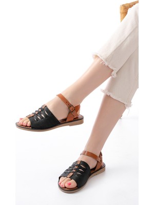 205-029 Siyah Ortopedik Hakiki Deri Kadın Sandalet