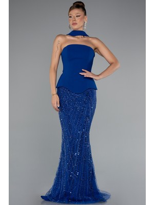 Straplez Peplum Detay Taşlı Uzun Balık Abiye ABU5131