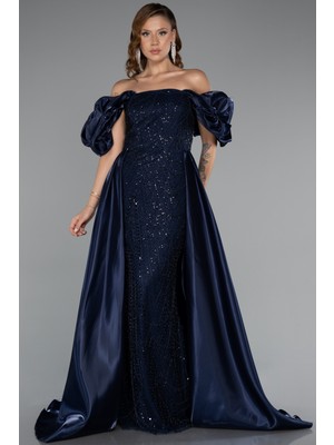 Kayık Yaka Saten Kuyruklu Uzun Boncuklu Abiye ABU5154