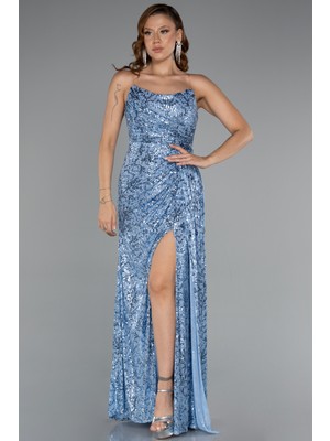 Straplez Yırtmaçlı Uzun Pullu Abiye Elbise ABU5167