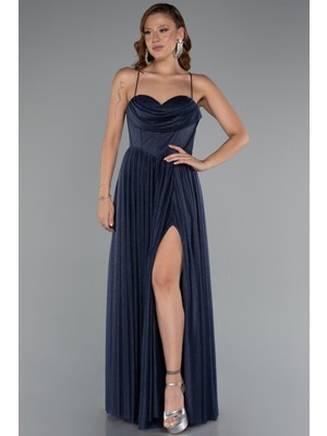 Bacak Dekolteli Balenli Uzun Simli Abiye Elbise ABU5175