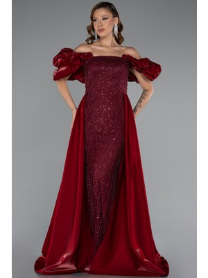 Kayık Yaka Saten Kuyruklu Uzun Boncuklu Abiye ABU5154