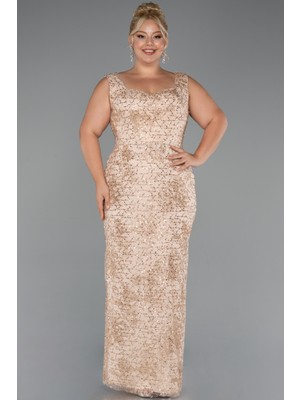 Kolsuz V Yaka Taşlı Uzun Büyük Beden Abiye ABU5190