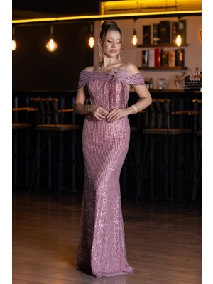 Kayık Yaka Taşlı Uzun Özel Tasarım Abiye ABU5183