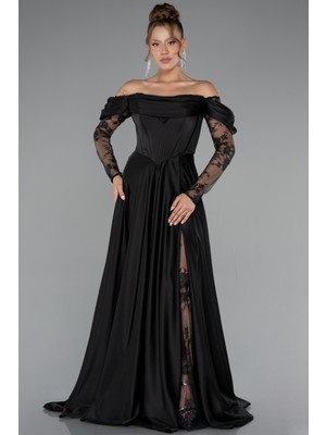 Dantel Uzun Kol Kayık Yaka Saten Büyük Beden Abiye ABU5261