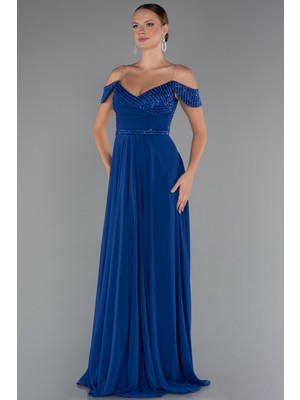 Pullu Kayık Yaka Uzun Şifon Abiye Elbise ABU5225