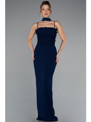 Askılı Üç Boyut Çiçekli Şallı Uzun Abiye Elbise ABU5181