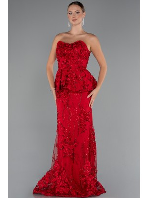 Straplez 3D Çiçek Işlemeli Peplum Uzun Abiye ABU5249