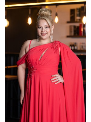 Yırtmaçlı Şallı Uzun Şifon Büyük Beden Abiye ABU5194