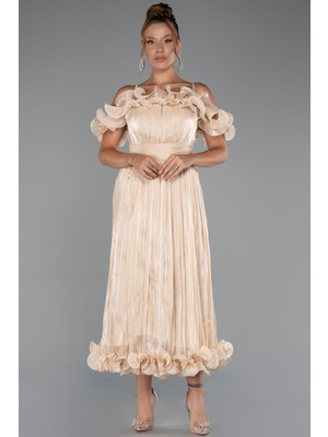 Fırfırlı Kayık Yaka Midi Şifon Davet Elbisesi ABK2425