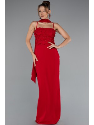 Askılı Üç Boyut Çiçekli Şallı Uzun Abiye Elbise ABU5181