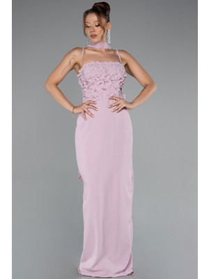 Askılı Üç Boyut Çiçekli Şallı Uzun Abiye Elbise ABU5181