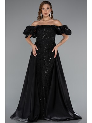 Kayık Yaka Saten Kuyruklu Uzun Boncuklu Abiye ABU5154