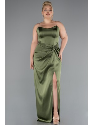 Straplez Yırtmaçlı Uzun Saten Büyük Beden Abiye ABU5179