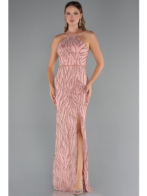 Halter Yaka Bacak Dekolteli Uzun Simli Abiye ABU5213