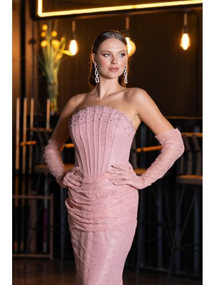 Taşlı Straplez Eldivenli Uzun Dantel Balık Abiye ABU5215