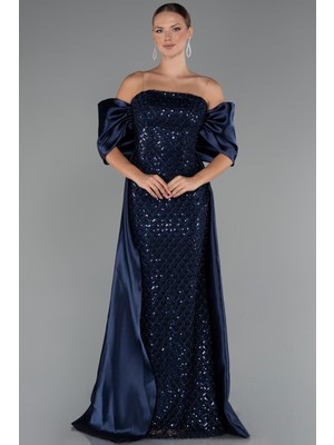 Straplez Boncuklu Saten Kuyruklu Uzun Abiye ABU5234