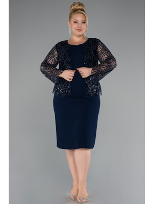 Taşlı Uzun Kol Midi Büyük Beden Davet Elbisesi ABK2417