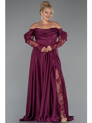 Dantel Uzun Kol Kayık Yaka Saten Büyük Beden Abiye ABU5261