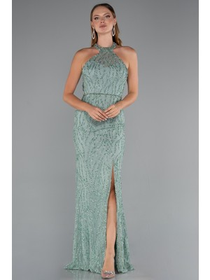 Halter Yaka Bacak Dekolteli Uzun Simli Abiye ABU5213