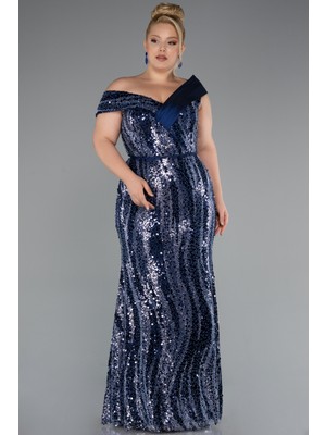 Kayık Yaka Boncuklu Uzun Büyük Beden Abiye ABU5191