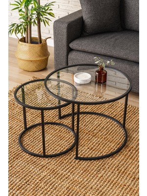 Dekopratik Belarus Metal Ayaklı Şeffaf Siyah Temperli Cam Orta Sehpa Seti 60x60x45 cm – Minimalist Salonlar için