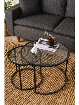 Dekopratik Tokyo İkili Yuvarlak Orta Sehpa Seti – Siyah Metal Ayaklı, Temperli Füme Cam, 60x60x45 cm ve 42x42x40 cm
