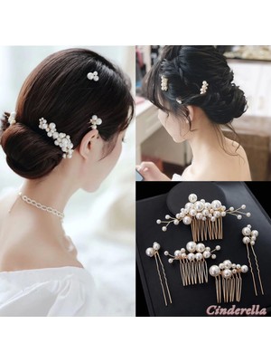 Zarif Inci Detaylı Incili Taşlı Gelin Tacı Firkete Seti Gold - Düğün Nişan Nikah Söz Saç Aksesuarı